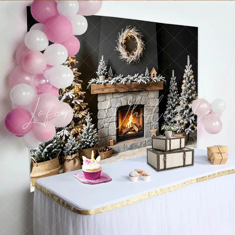 Lofaris Cozy Christmas Fireplace Backdrop with Snowy Trees and Warm Lights Elegant Winter Holiday Background for Family Photoshoot