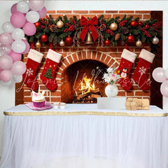 Lofaris Cozy Christmas Fireplace Backdrop with Stockings and Garland Warm Holiday Background for Family Photos and Winter Decor.