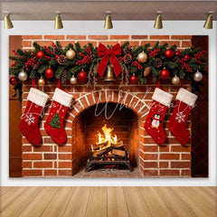Lofaris Cozy Christmas Fireplace Backdrop with Stockings and Garland Warm Holiday Background for Family Photos and Winter Decor.