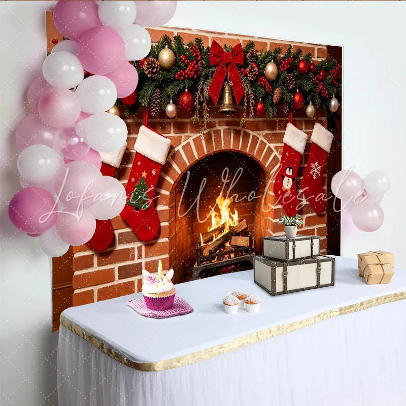 Lofaris Cozy Christmas Fireplace Backdrop with Stockings and Garland Warm Holiday Background for Family Photos and Winter Decor.