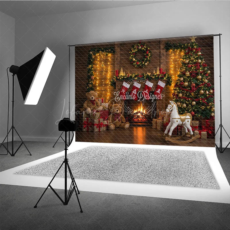 Lofaris Cozy Christmas Fireplace Photography Backdrop Rustic Mantle with Stockings Traditional Holiday Photo Background