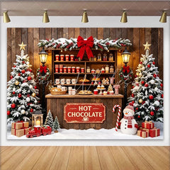 Lofaris Cozy Christmas Hot Chocolate Stand Backdrop with Snowman and Decorated Trees Winter Holiday Decor for Photoshoot