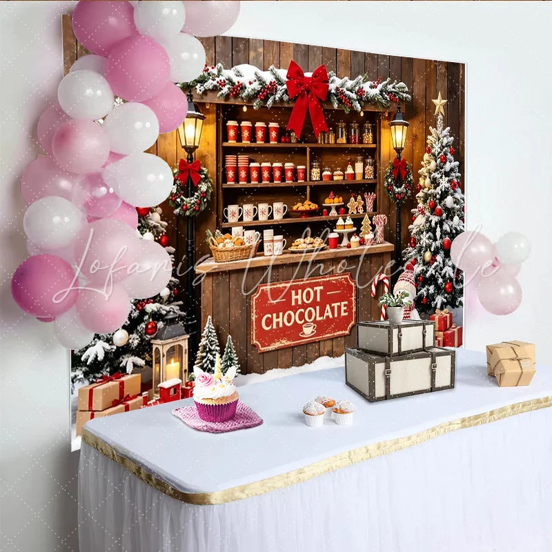 Lofaris Cozy Christmas Hot Chocolate Stand Backdrop with Snowman and Decorated Trees Winter Holiday Decor for Photoshoot