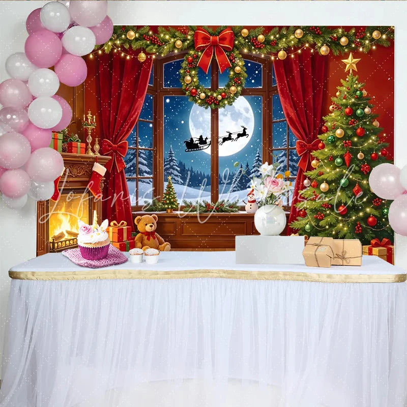 Lofaris Cozy Christmas Room Backdrop with Fireplace and Decorated Tree Magical Winter Night Background for Holiday Party Photoshoot