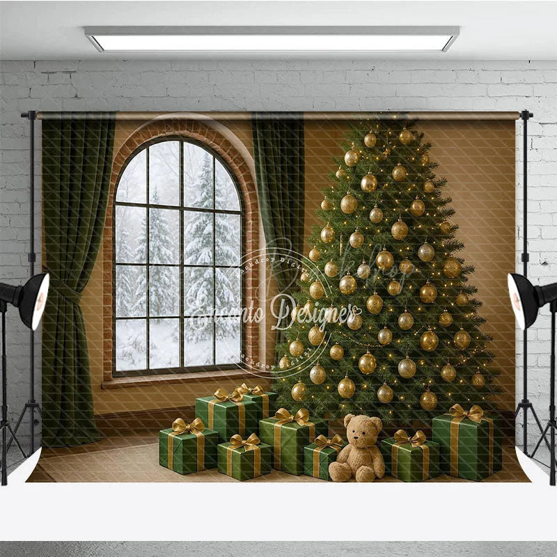 Lofaris Cozy Christmas Room Photography Backdrop Snowy Window with Green and Gold Tree Elegant Holiday Photo Background