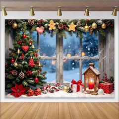 Lofaris Cozy Christmas Tree Window Backdrop with Snow and Gifts Festive Winter Holiday Scene Background for Photography
