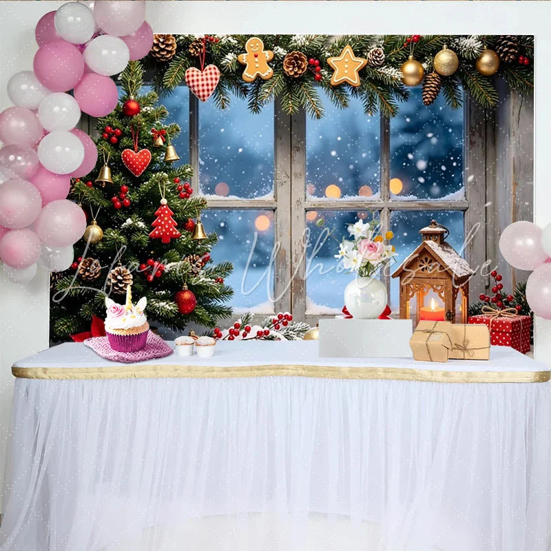 Lofaris Cozy Christmas Tree Window Backdrop with Snow and Gifts Festive Winter Holiday Scene Background for Photography