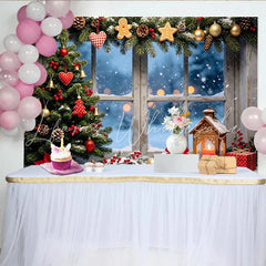 Lofaris Cozy Christmas Tree Window Backdrop with Snow and Gifts Festive Winter Holiday Scene Background for Photography