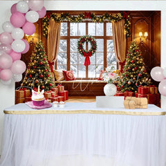 Lofaris Cozy Christmas Window Backdrop with Decorated Trees and Gifts Festive Holiday Background for Winter Photoshoot and Family Decor