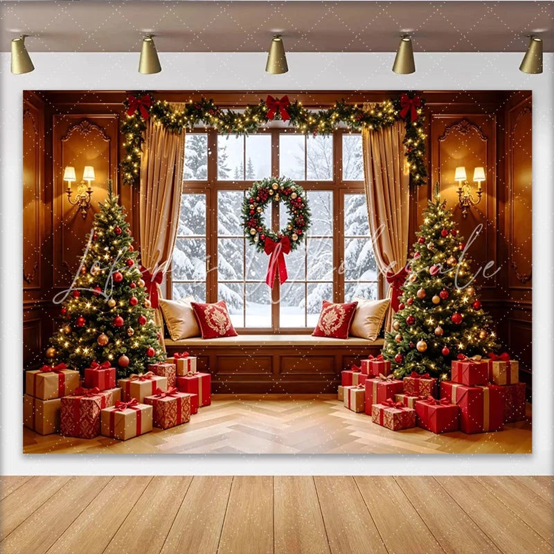 Lofaris Cozy Christmas Window Backdrop with Decorated Trees and Gifts Festive Holiday Background for Winter Photoshoot and Family Decor