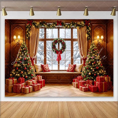 Lofaris Cozy Christmas Window Backdrop with Decorated Trees and Gifts Festive Holiday Background for Winter Photoshoot and Family Decor