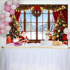 Lofaris Cozy Christmas Window Backdrop with Santa Gifts and Decorated Trees Festive Winter Wonderland Background for Holiday Party