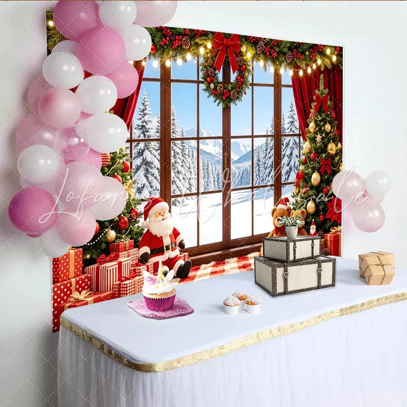 Lofaris Cozy Christmas Window Backdrop with Santa Gifts and Decorated Trees Festive Winter Wonderland Background for Holiday Party