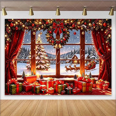 Lofaris Cozy Christmas Window Backdrop with Santa Reindeer and Gifts Snowy Winter Scene Background for Holiday Party Decor