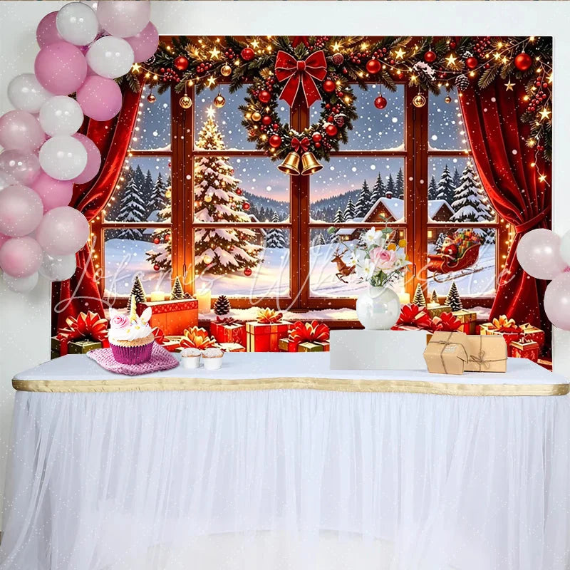 Lofaris Cozy Christmas Window Backdrop with Santa Reindeer and Gifts Snowy Winter Scene Background for Holiday Party Decor