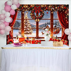 Lofaris Cozy Christmas Window Backdrop with Santa Reindeer and Gifts Snowy Winter Scene Background for Holiday Party Decor