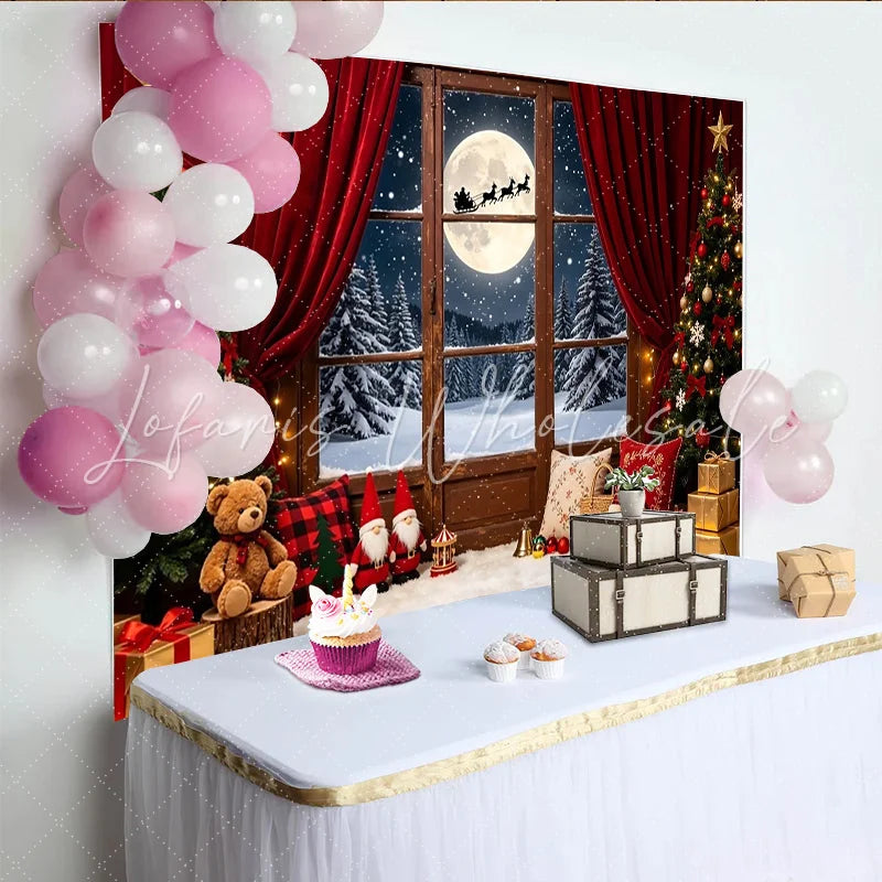 Lofaris Cozy Christmas Window Backdrop with Santa Sleigh and Full Moon Festive Winter Wonderland Background for Holiday Decor