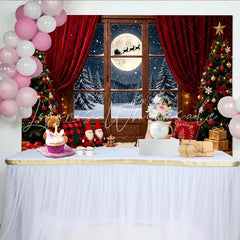 Lofaris Cozy Christmas Window Backdrop with Santa Sleigh and Full Moon Festive Winter Wonderland Background for Holiday Decor