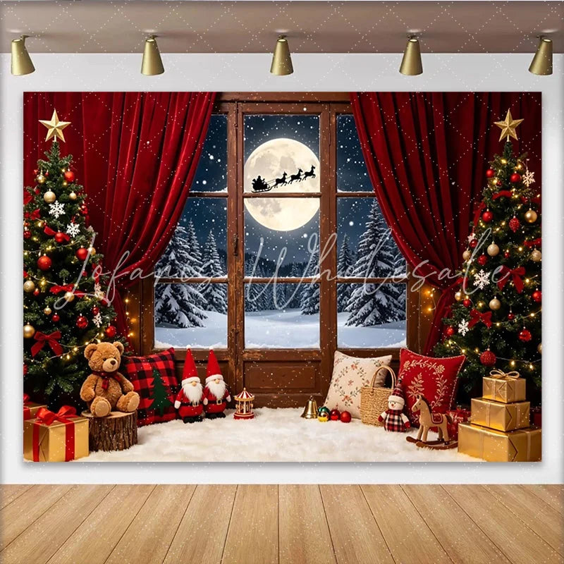 Lofaris Cozy Christmas Window Backdrop with Santa Sleigh and Full Moon Festive Winter Wonderland Background for Holiday Decor