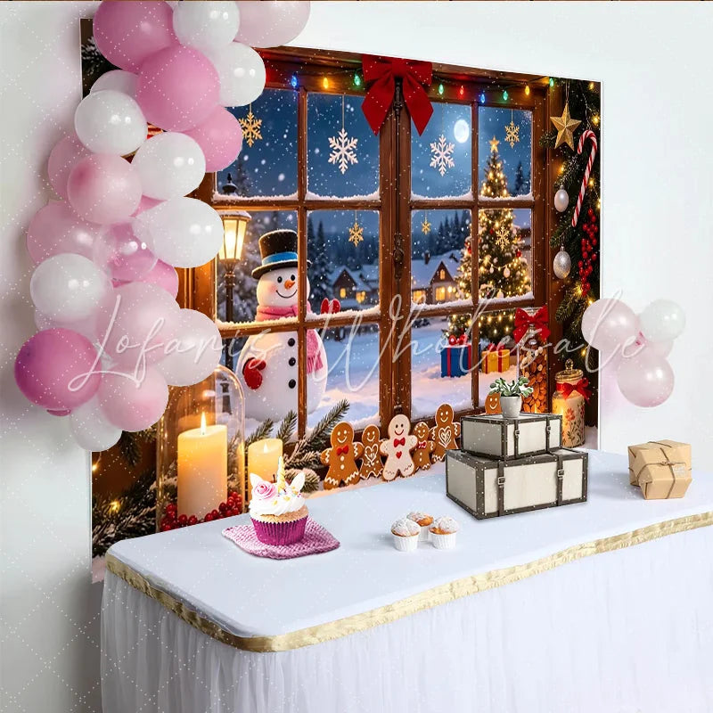Lofaris Cozy Christmas Window Backdrop with Snowman and Gingerbread Men Festive Winter Scene Background for Holiday Decor