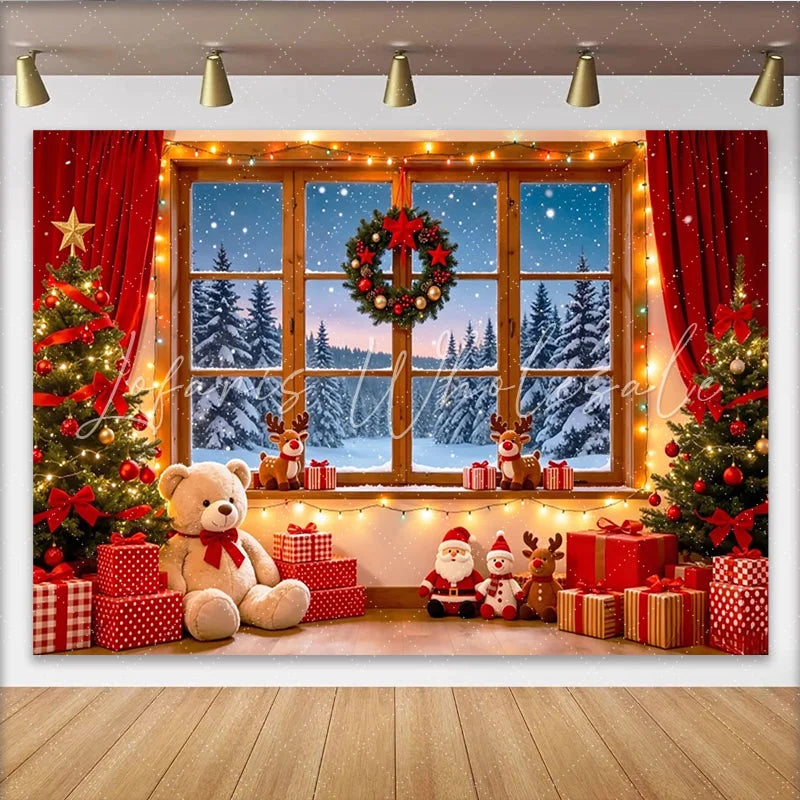 Lofaris Cozy Christmas Window Backdrop with Snowy Forest and Festive Decor Winter Holiday Photography Background for Parties