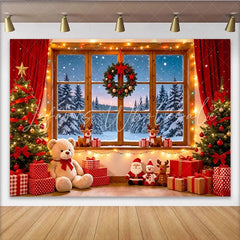 Lofaris Cozy Christmas Window Backdrop with Snowy Forest and Festive Decor Winter Holiday Photography Background for Parties