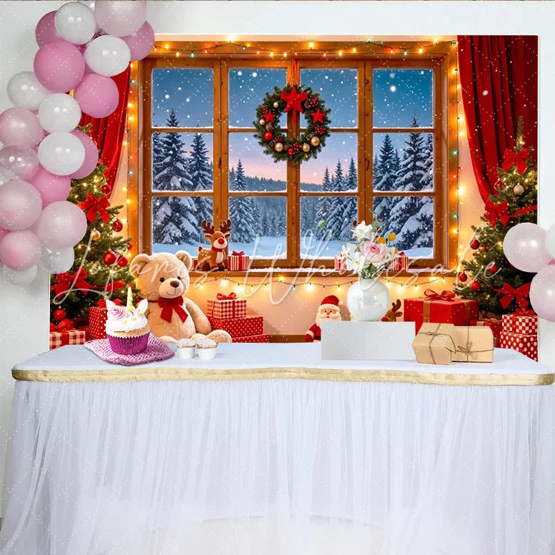 Lofaris Cozy Christmas Window Backdrop with Snowy Forest and Festive Decor Winter Holiday Photography Background for Parties