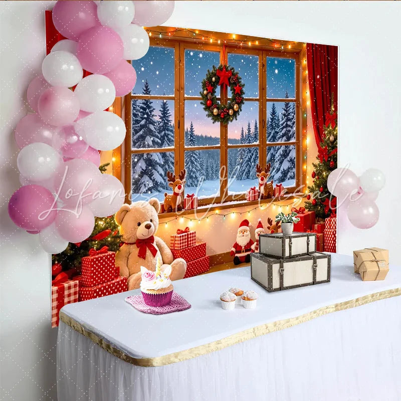 Lofaris Cozy Christmas Window Backdrop with Snowy Forest and Festive Decor Winter Holiday Photography Background for Parties