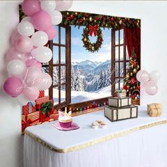 Lofaris Cozy Christmas Window Backdrop with Snowy Mountain View and Gifts Festive Holiday Decor for Winter Photography