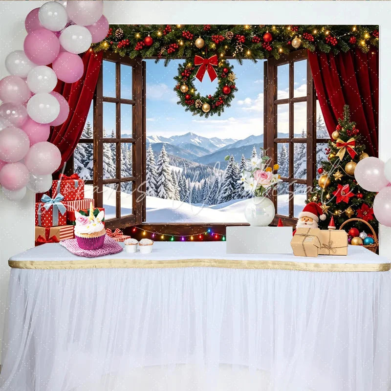Lofaris Cozy Christmas Window Backdrop with Snowy Mountain View and Gifts Festive Holiday Decor for Winter Photography