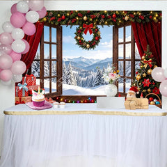 Lofaris Cozy Christmas Window Backdrop with Snowy Mountain View and Gifts Festive Holiday Decor for Winter Photography