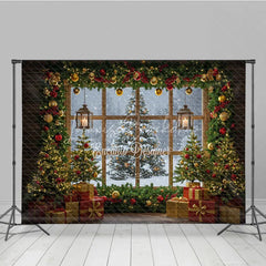 Lofaris Cozy Christmas Window Photography Backdrop Snowy View with Garland and Lanterns Rustic Holiday Photo Background