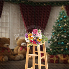 Lofaris Cozy Christmas Window Photography Backdrop Teddy Bears and Tree with Red Curtains Holiday Mini Sessions