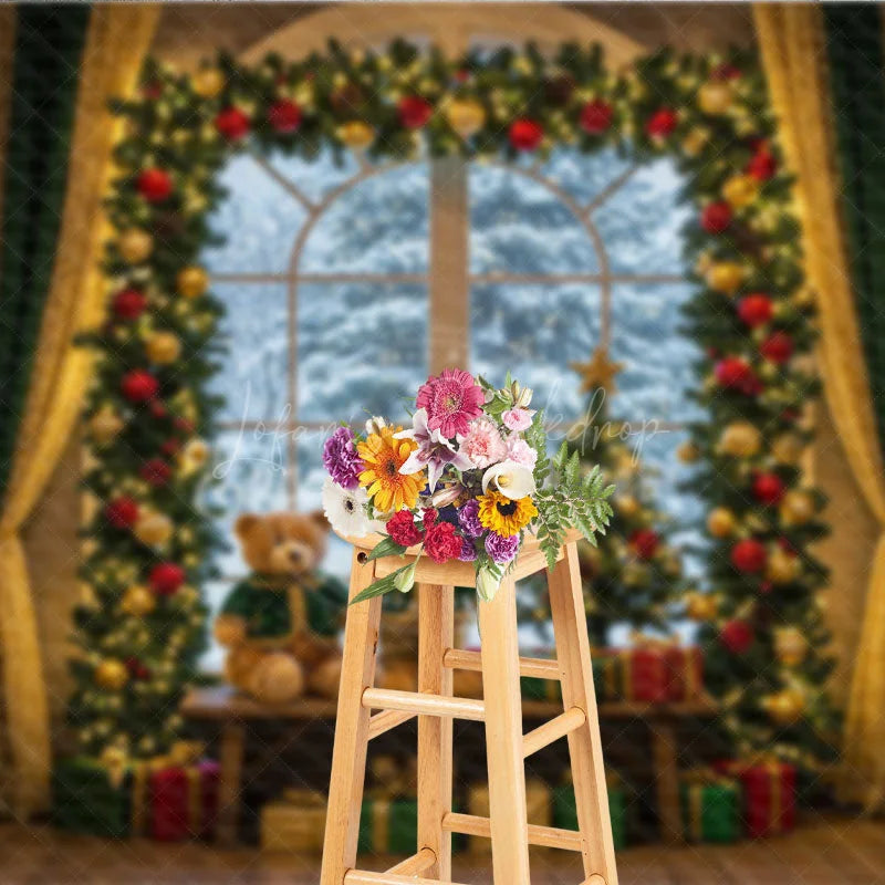 Lofaris Cozy Christmas Window Photography Backdrop Teddy Bears in Snowy Alcove Holiday Mini Session Background