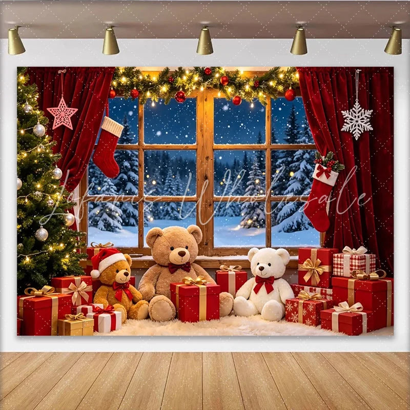 Lofaris Cozy Christmas Window Photography Backdrop with Snowy Forest and Festive Decor Warm Holiday with Teddy Bears and Gifts for Photo