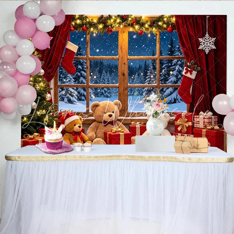 Lofaris Cozy Christmas Window Photography Backdrop with Snowy Forest and Festive Decor Warm Holiday with Teddy Bears and Gifts for Photo