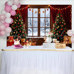 Lofaris Cozy Christmas Window Scene Backdrop with Snowy Trees and Gifts Warm Indoor Photography Background for Family Photoshoot