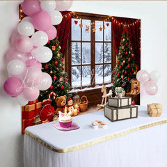Lofaris Cozy Christmas Window Scene Backdrop with Snowy Trees and Gifts Warm Indoor Photography Background for Family Photoshoot
