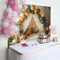 Lofaris Cozy Green and Orange Balloon Birthday Cake Smash Backdrop Rustic Tent and Floral Photo Prop Decor