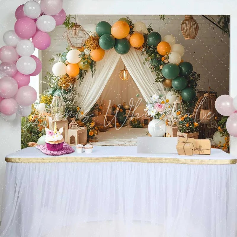 Lofaris Cozy Green and Orange Balloon Birthday Cake Smash Backdrop Rustic Tent and Floral Photo Prop Decor