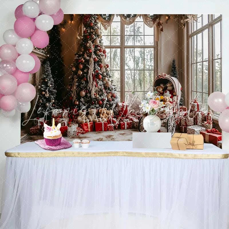 Lofaris Cozy Living Room Christmas Tree Photography Backdrop Vintage Teddy Bear Carriage Holiday Party Background