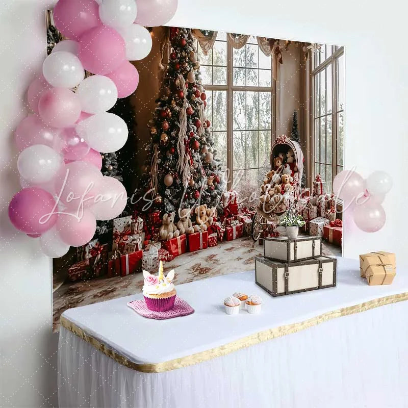 Lofaris Cozy Living Room Christmas Tree Photography Backdrop Vintage Teddy Bear Carriage Holiday Party Background