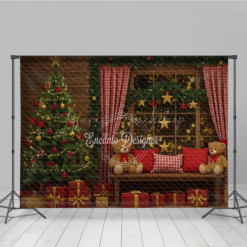 Lofaris Cozy Rustic Christmas Photography Backdrop Wood Wall with Teddy Bears and Tree Holiday Mini Session Background