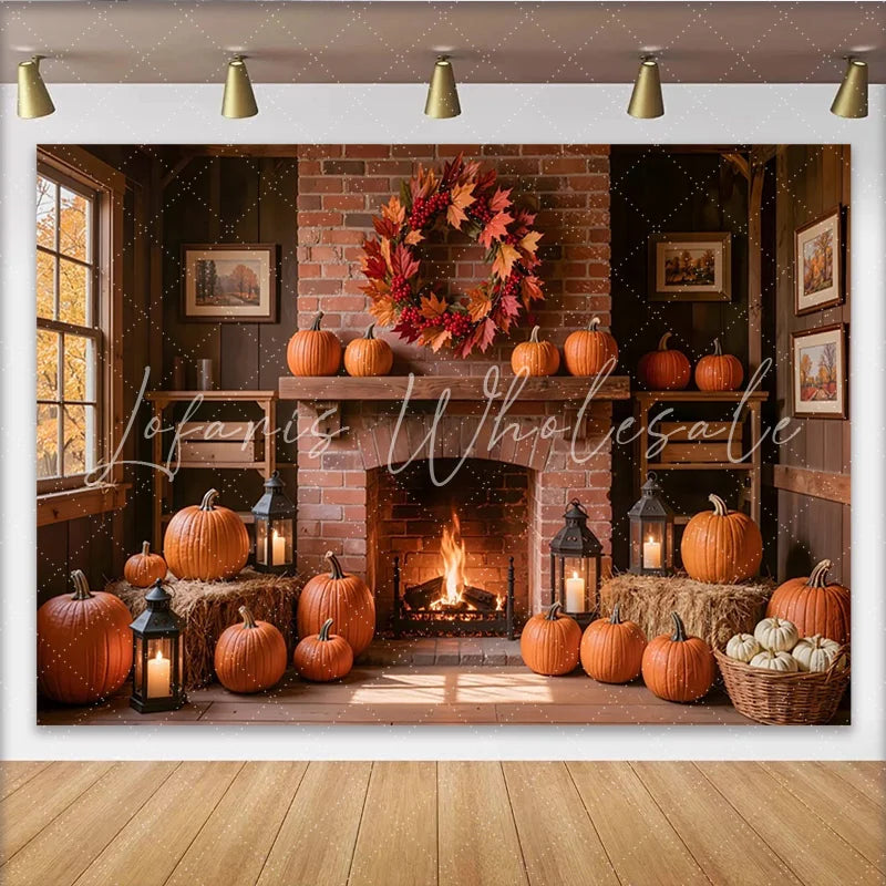 Lofaris Cozy Thanksgiving Holiday Backdrop with Brick Fireplace Pumpkins and Fall Wreath Rustic Autumn Harvest Background for Party Decor