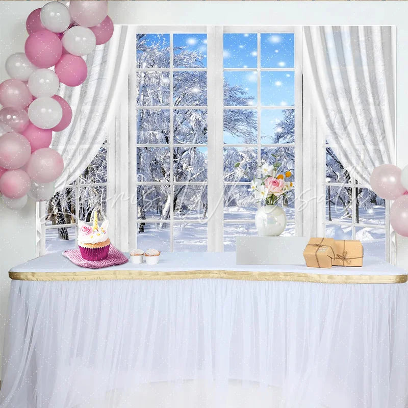 Lofaris Cozy Winter Window Photography Backdrop with Snowy Trees and Falling Snow Scenic Studio Background for Holiday Photoshoot