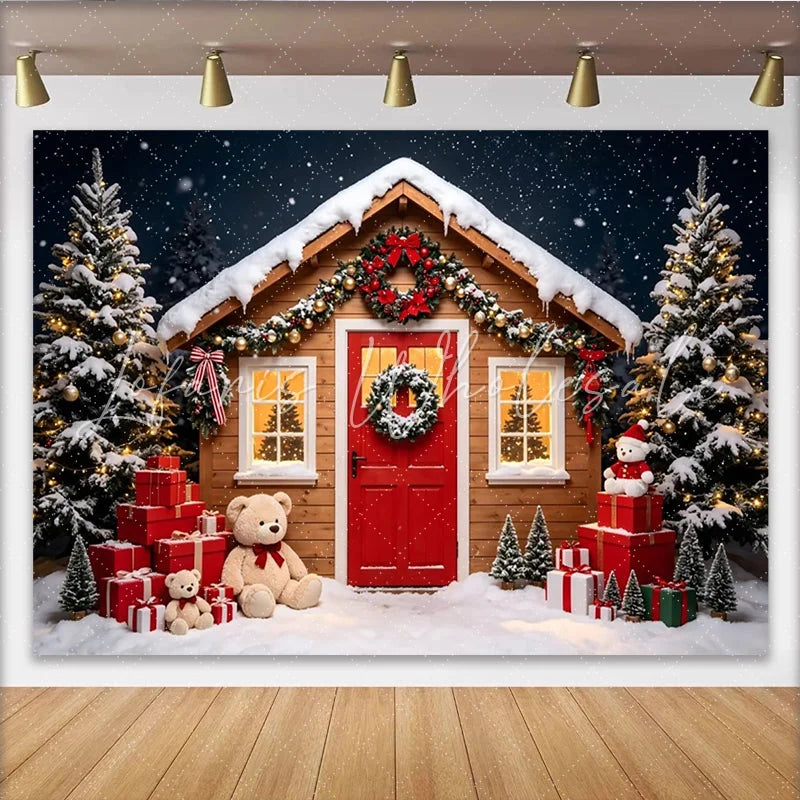 Lofaris Cozy Wooden Christmas Cabin Backdrop with Snow Gifts and Teddy Bears Festive Winter Holiday Background for Family Photoshoot
