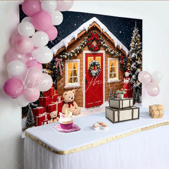 Lofaris Cozy Wooden Christmas Cabin Backdrop with Snow Gifts and Teddy Bears Festive Winter Holiday Background for Family Photoshoot