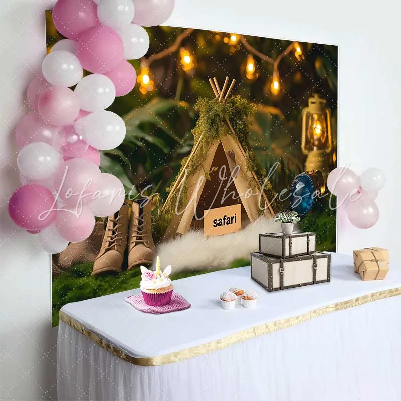 Lofaris Cozy Woodland Safari Birthday Cake Smash Backdrop featuring a Mossy Teepee Lantern and Boots