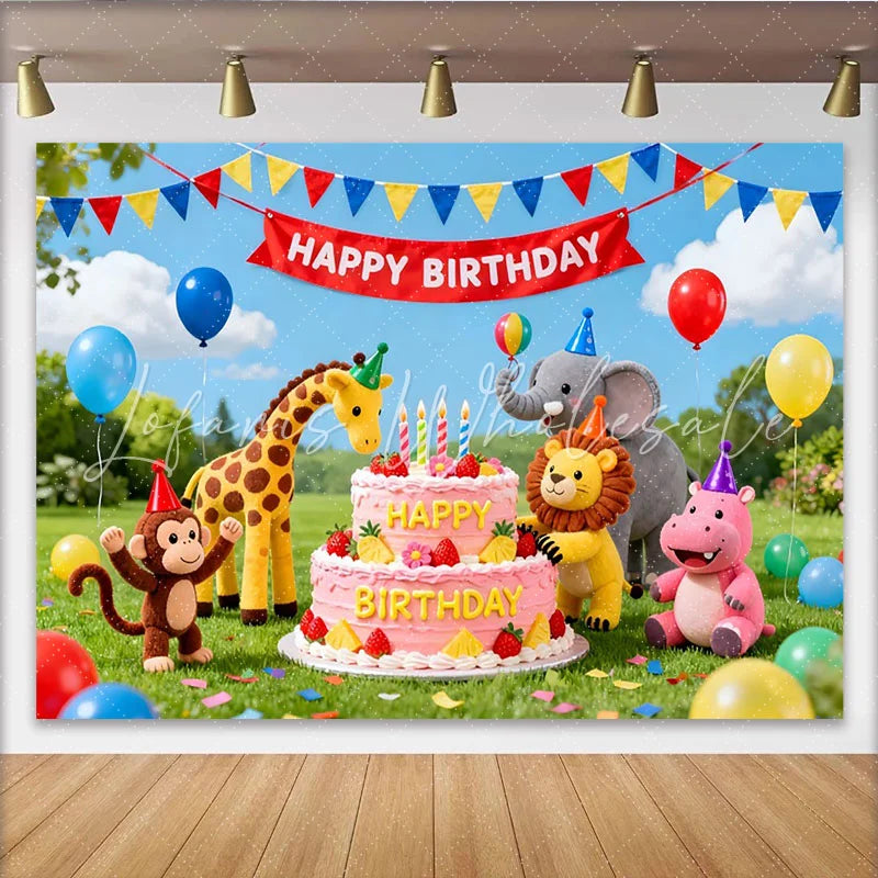 Lofaris Cute Animal Birthday Backdrop with Pink Cake and Balloons Vibrant Party Decor for Children’s Photoshoot and Celebration