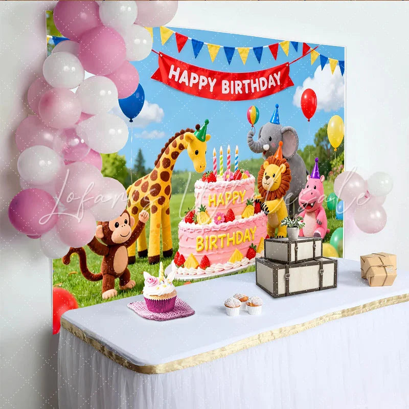 Lofaris Cute Animal Birthday Backdrop with Pink Cake and Balloons Vibrant Party Decor for Children’s Photoshoot and Celebration